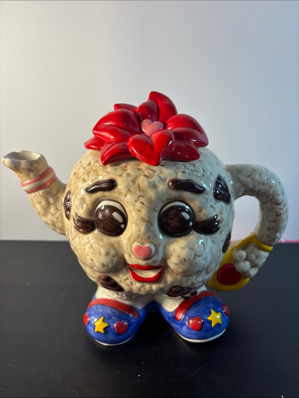Fitz and Floyd Ceramic Character Teapot with Red Flower Top and Colorful Accents